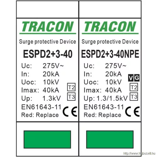 TRACON ESPD2+3-40-3+1P T2+T3 AC típusú túlfeszültséglevezető, egybeépített Uc:275V; In:20kA; Imax40kA; Uoc:10kV; Up:1,3/1,5kV; 3+1P