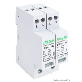   TRACON ESPD2+3-40-4P T2+T3 AC típusú túlfeszültséglevezető, egybeépített Uc:275V; In:20kA; Imax40kA; Uoc:10kV; Up:1,3kV; 4P