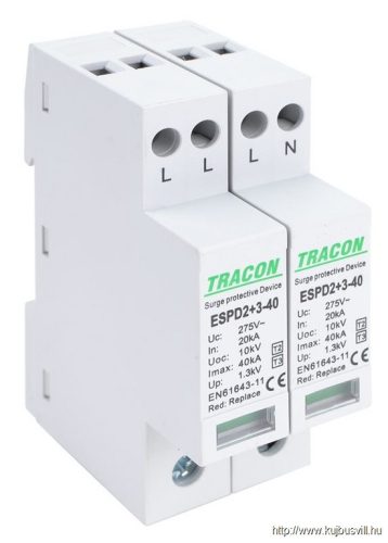ESPD2+3-40-4P T2+T3 AC típusú túlfeszültséglevezető, egybeépített Uc:275V; In:20kA; Imax40kA; Uoc:10kV; Up:1,3kV; 4P