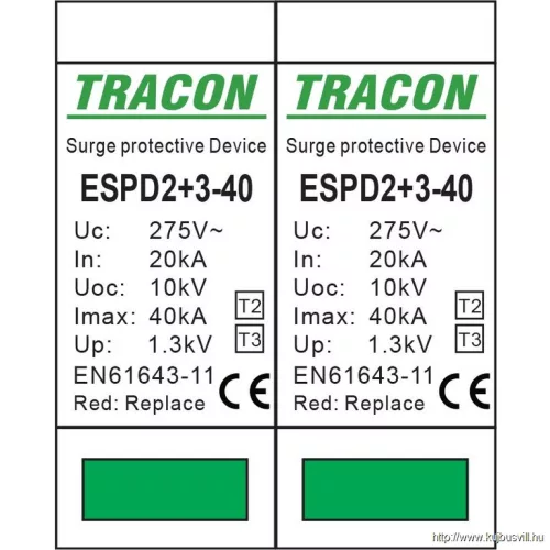 TRACON ESPD2+3-40-4P T2+T3 AC típusú túlfeszültséglevezető, egybeépített Uc:275V; In:20kA; Imax40kA; Uoc:10kV; Up:1,3kV; 4P