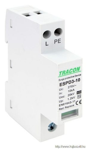 ESPD3-10-1+1P T3 AC típusú túlfeszültség levezető, egybeépített Uc:275V; In:10kA; Uoc:20kV; Up:1,2kV; 1+1P