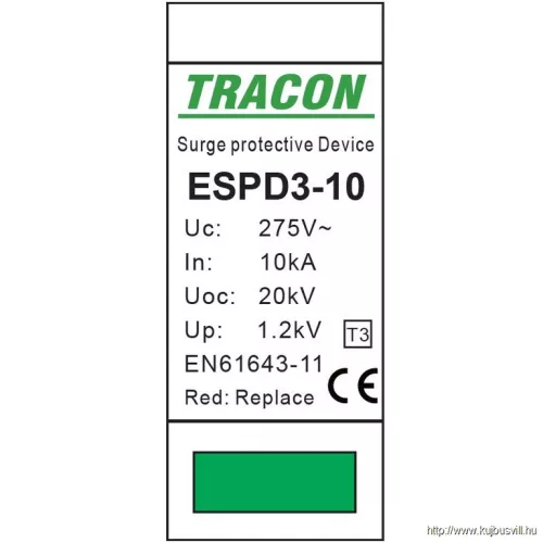 TRACON ESPD3-10-2P T3 AC típusú túlfeszültség levezető, egybeépített Uc:275V; In:10kA; Uoc:20kV; Up:1,2kV; 2P