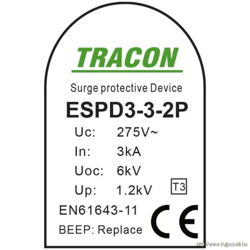 TRACON ESPD3-3-2P T3 AC típusú túlfeszültség levezető, szerelvénydobozba Uc:275V; In:3kA; Uoc:6kV; Up:1,2kV; 2P; BEEP