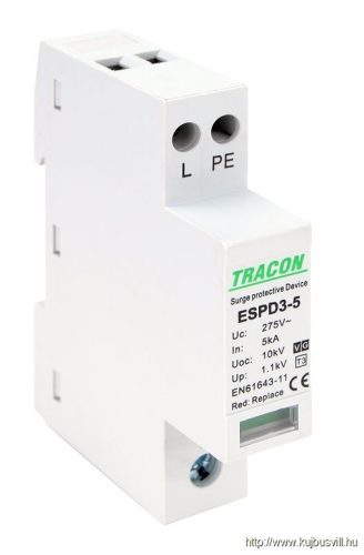 ESPD3-5-1+1P T3 AC típusú túlfeszültség levezető, egybeépített Uc:275V; In:5kA; Uoc:10kV; Up:1,2kV; 1+1P