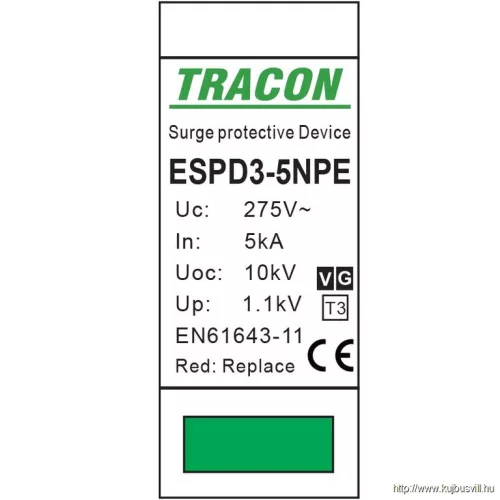 TRACON ESPD3-5-1+1P T3 AC típusú túlfeszültség levezető, egybeépített Uc:275V; In:5kA; Uoc:10kV; Up:1,2kV; 1+1P
