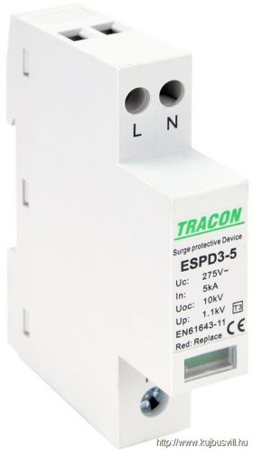 ESPD3-5-2P T3 AC típusú túlfeszültség levezető, egybeépített Uc:275V; In:5kA; Uoc:10kV; Up:1,2kV; 2P