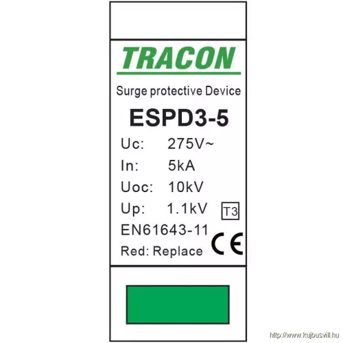 TRACON ESPD3-5-2P T3 AC típusú túlfeszültség levezető, egybeépített Uc:275V; In:5kA; Uoc:10kV; Up:1,2kV; 2P