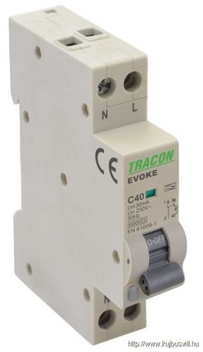 EVOKEC3203 Kombinált védőkapcsoló, elektronikus, 2P, 1 modul, C kar. C32, 30mA, 6kA, AC,