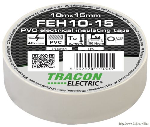 FEH10-15 Szigetelőszalag, fehér 10m×15mm, PVC, 0-90°C, 40kV/mm