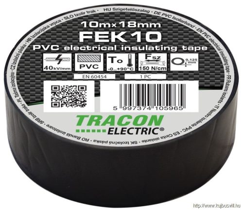 FEK10 Szigetelőszalag, fekete 10m×18mm, PVC, 0-90°C, 40kV/mm