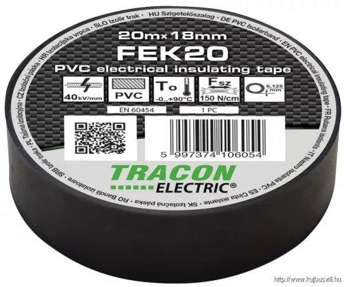 TRACON FEK20 Szigetelőszalag, fekete 20m×18mm, PVC, 0-90°C, 40kV/mm