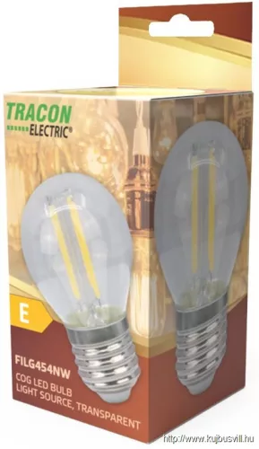 TRACON FILG454WW COG LED gömb fényforrás, átlátszó 230 VAC, E27, 4W, 470 lm, G45, 2700K, EEI=E