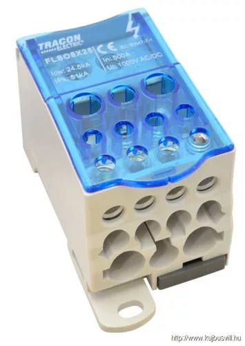 TRACON FLSO8X25 Fővezetéki leágazó sorkapocs nyitható fedéllel (betápsín) 8×25mm2 / 5×25(16), 4×16(10), 2×35(25)mm2, 1000VAC/DC, 500A