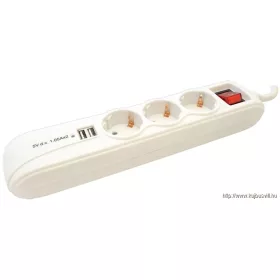   TRACON HK3-USB Hordozható elosztósáv kapcsolóval fehér, 2×USB port 3×SCHUKO,16A/250VAC,3680W, 1,4m, 3×1,5mm2, H05VV-F, USB:2.1A