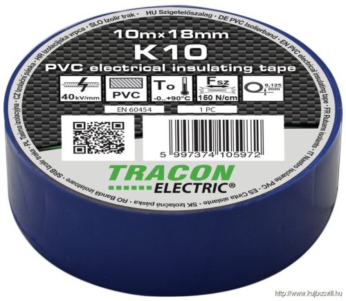 K10 Szigetelőszalag, kék 10m×18mm, PVC, 0-90°C, 40kV/mm