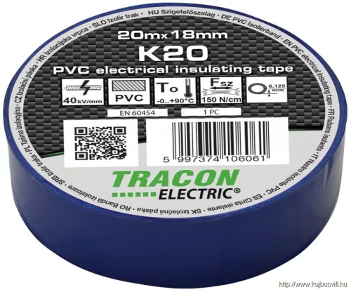 TRACON K20 Szigetelőszalag, kék 20m×18mm, PVC, 0-90°C, 40kV/mm