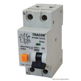   TRACON KVKM-6/100 Kombinált védőkapcsoló, 2P, 2 modul, C karakterisztika 6A, 100 mA, 6kA, AC