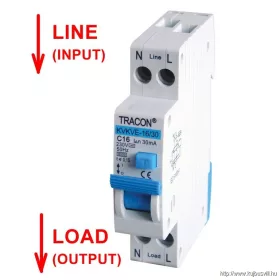   TRACON KVKVE-16/30 Kombinált védőkapcsoló, elektronikus, 2P, 1 modul, C kar. C16, 30mA, 6kA, AC, E3