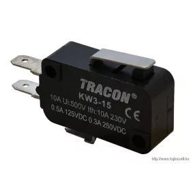   TRACON KW3-15 Helyzetkapcsoló, mikro, rugószáras 1×CO 10A/230VAC, 0,3A/250VDC, 15mm, 4,8x0,5 mm, IP00