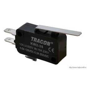   TRACON KW3-35 Helyzetkapcsoló, mikro, rugószáras 1×CO 10A/230VAC, 0,3A/250VDC, 28mm, 4,8x0,5 mm, IP00