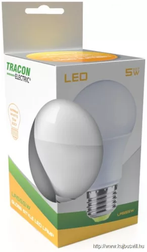 TRACON LA555NW Gömb burájú LED fényforrás 230 V, 50 Hz, 5 W, 4000 K, E27, 400 lm, 200°, A55, EEI=G