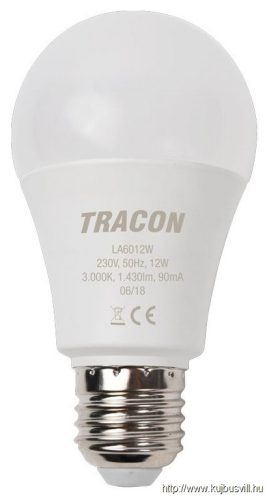 LA6012W Gömb burájú LED fényforrás 230 V, 50 Hz, 12 W, 3000 K, E27, 1430 lm, 200°, A60, EEI=E