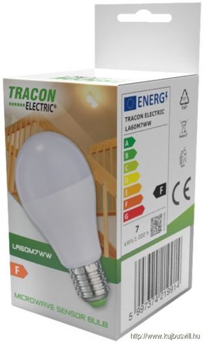 TRACON LA60M7NW LED fényforrás beépített mozgásérzékelővel 110-240 V, 50/60 Hz, 7W,600lm,4000K,360°,60s,5m,<20lx, EEI=F
