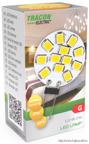 TRACON LG4K2NW LED fényforrás 12 VAC/DC, 2 W, 4000 K, G4, 140 lm, 180°, EEI=G