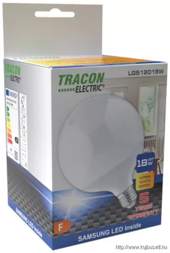 TRACON LGS12018W Gömb burájú LED fényforrás SAMSUNG chippel 230V,50Hz,18W,3000K,E27,1820lm,270°,G120,SAMSUNG chip, EEI=F
