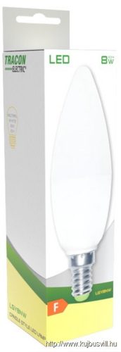 TRACON LGY8NW Gyertya burájú LED fényforrás, tejüveg 230 V, 50 Hz, 8 W, 4000 K, E14, 710 lm, 180°, EEI=F