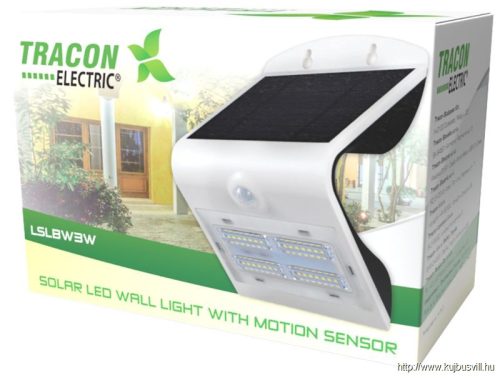 TRACON LSLBW3W Napelemes LED fali világítótest mozgásérzékelővel, fehér 3,2 W, 4000 K, 400 lm, IP65, 3,7 V, 2 Ah