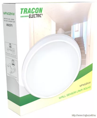TRACON MFM12NW Mozgásérzékelős fali lámpatest, kerek forma 230 VAC, 12W, 850lm, 4500K, 10s-10m, 5-2000lx, 9m, EEI=F