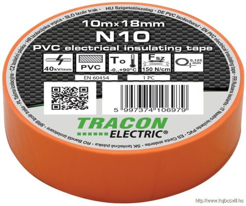 N10 Szigetelőszalag, narancs 10m×18mm, PVC, 0-90°C, 40kV/mm