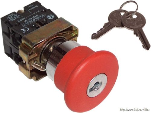 NYGBS142P Reteszelt gombafejű vészgomb, fémalap, piros, kulcsos 1×NC, 3A/400V AC, IP42, d=40mm