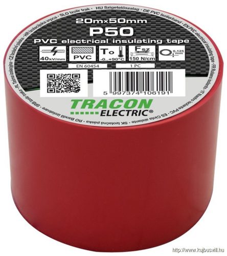 P50 Szigetelőszalag, piros 20m×50mm, PVC, 0-90°C, 40kV/mm