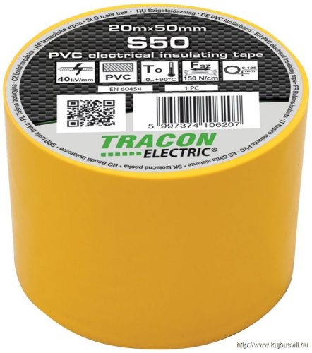 S50 Szigetelőszalag, sárga 20m×50mm, PVC, 0-90°C, 40kV/mm
