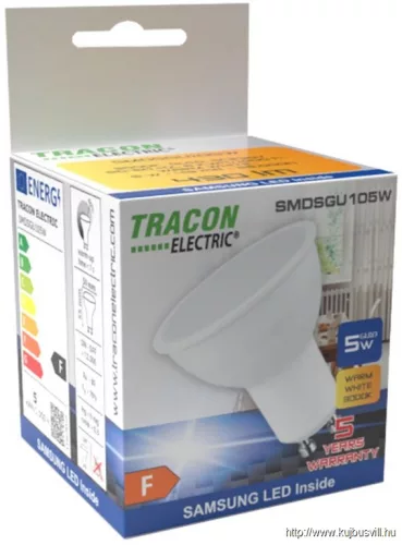 TRACON SMDSGU105NW Műanyag házas SMD LED spot fényforrás SAMSUNG chippel 230V,50Hz,GU10,5W,450lm,4000K,120°,SAMSUNG chip, EEI=F