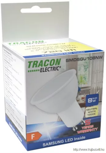 TRACON SMDSGU108CW Műanyag házas SMD LED spot fényforrás SAMSUNG chippel 230V,50Hz,GU10,8W,740lm,6500K,120°,SAMSUNG chip, EEI=F