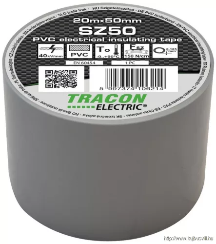 TRACON SZ50 Szigetelőszalag, szürke 20m×50mm, PVC, 0-90°C, 40kV/mm