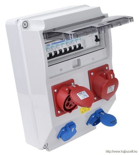 TRACON TDB12-12MV Csatlakozó doboz védelemmel, vezetékezett, készre szerelt Prot.:RCCB,MCB,Out:2×SCHUKO+1×32A(3P+N+E)+1×16A(3P+N+E)