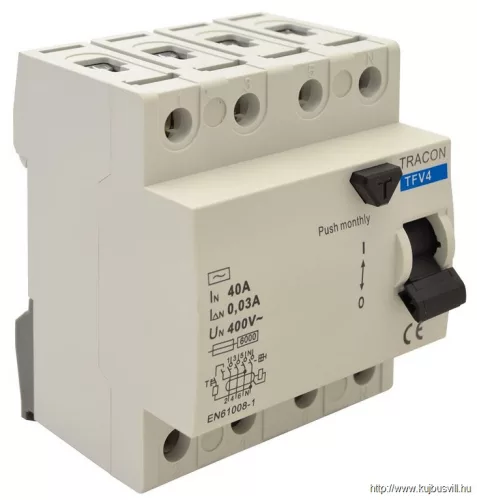 TRACON TFV4-40030 Áram-védőkapcsoló, 4 pólusú 40A, 30mA, 6kA, AC