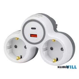   TRACON TND2-USBAC Többférőhelyes átalakító csatlakozó, USBC+USBA, szürke+fehér 2×SCHUKO, max.16A, 230VAC, 3680W, PP, USB-A+C:5V, 3,4A 17.0W