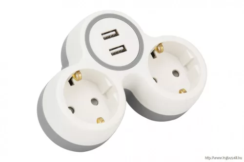 TRACON TND2-USB Többférőhelyes átalakító csatlakozó, 2X USB, szürke + fehér 2×SCHUKO, max.16A, 230VAC, 3680W, PP, USB: 5V, 2,1 A