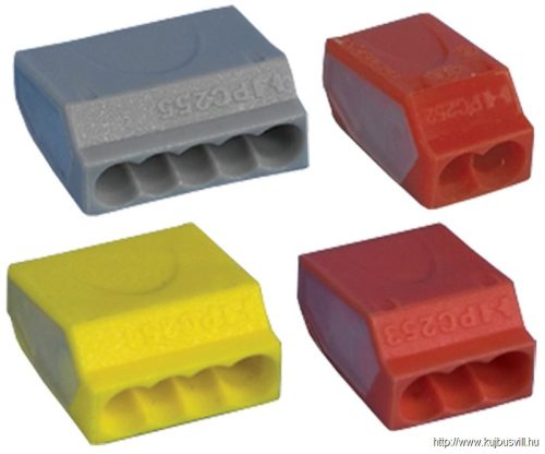 TRC254 Csavar nélküli vezetékösszekötő, sárga 4×(0,75-2,5mm2) 450VAC, max. 16A