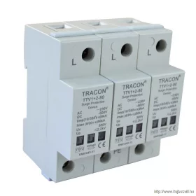  TRACON TTV1+2-80-3P AC/DC túlfeszültség levezető, 1+2-es típus, egybeépített 230/400 V, 50 Hz, 8 kA (10/350 us) 40/80 kA (8/20 us), 3P