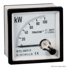   TRACON W72-400V/4 Hatásos teljesítménymérő, 3 fázisú, 4 vezetékes 72×72mm, 400V AC