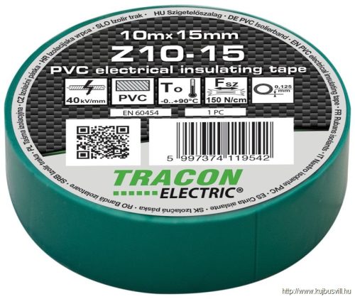 Z10-15 Szigetelőszalag, zöld 10m×15mm, PVC, 0-90°C, 40kV/mm