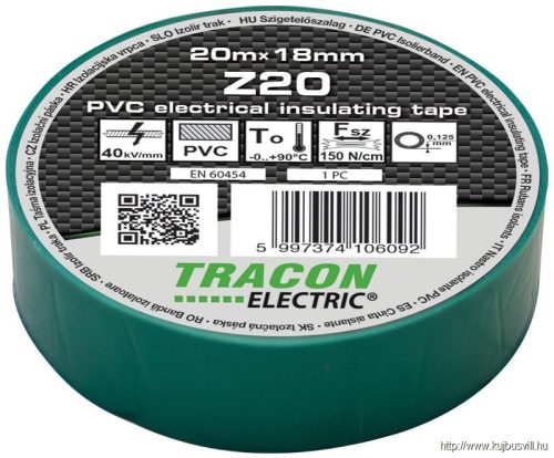 Z20 Szigetelőszalag, zöld 20m×18mm, PVC, 0-90°C, 40kV/mm