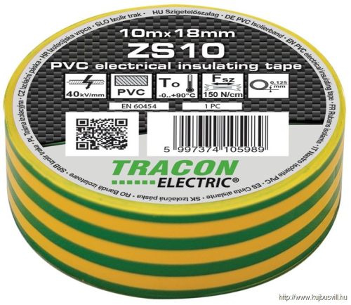 ZS10 Szigetelőszalag, zöld/sárga 10m×18mm, PVC, 0-90°C, 40kV/mm