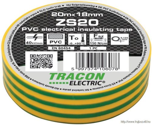 ZS20 Szigetelőszalag, zöld/sárga 20m×18mm, PVC, 0-90°C, 40kV/mm